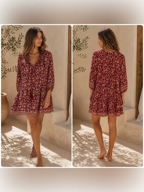New! Natalie Martin Sweet Autumn Merlot Floral V-Neck Tassel Mini Dress 🌼 XS
